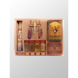 Caja con 4 esencias de Tierra Santa, candelas, ícono y cruz-225