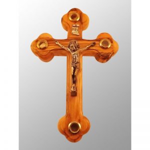 Crucifijo hecha a mano de madera de olivo con 4 esencias de Tierra Santa (piedras, tierra, incienso y hojas de olivo)-229