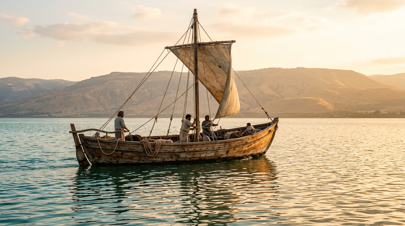Réplica de barca tradicional de madera navegando en el Mar de Galilea