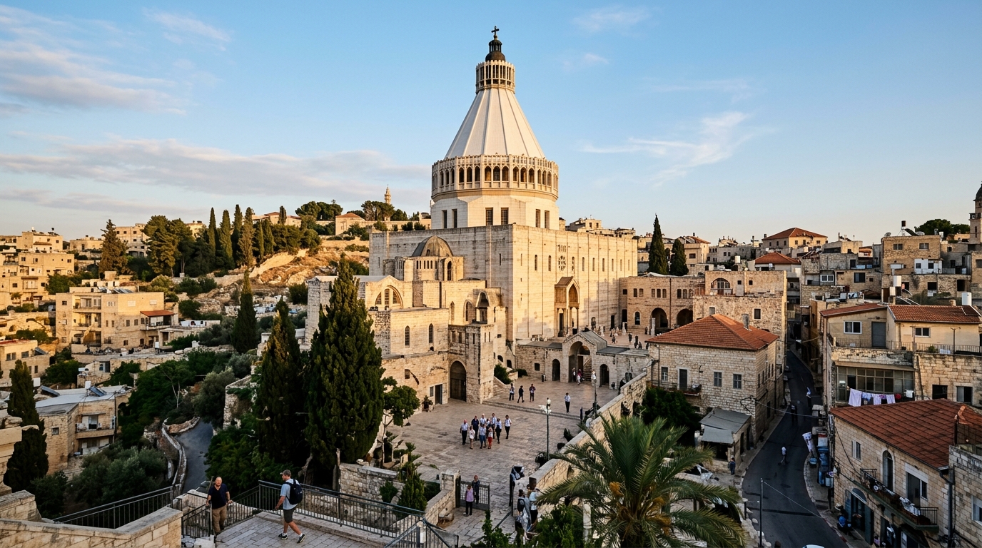 Vista exterior monumental de la cúpula cónica de la Basílica de la Anunciación sobre los tejados de Nazaret