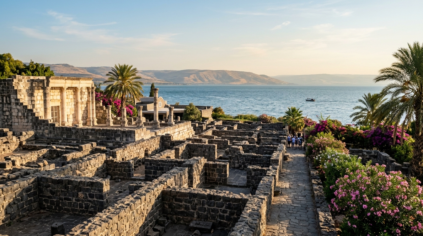 Vista general de las ruinas arqueológicas de Cafarnaúm junto al Mar de Galilea