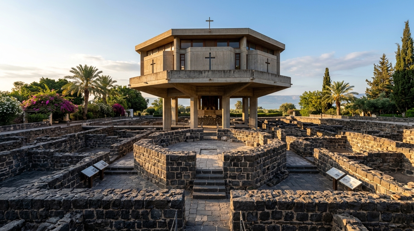 Estructura octogonal de la Casa de San Pedro y basílica moderna suspendida en Cafarnaúm