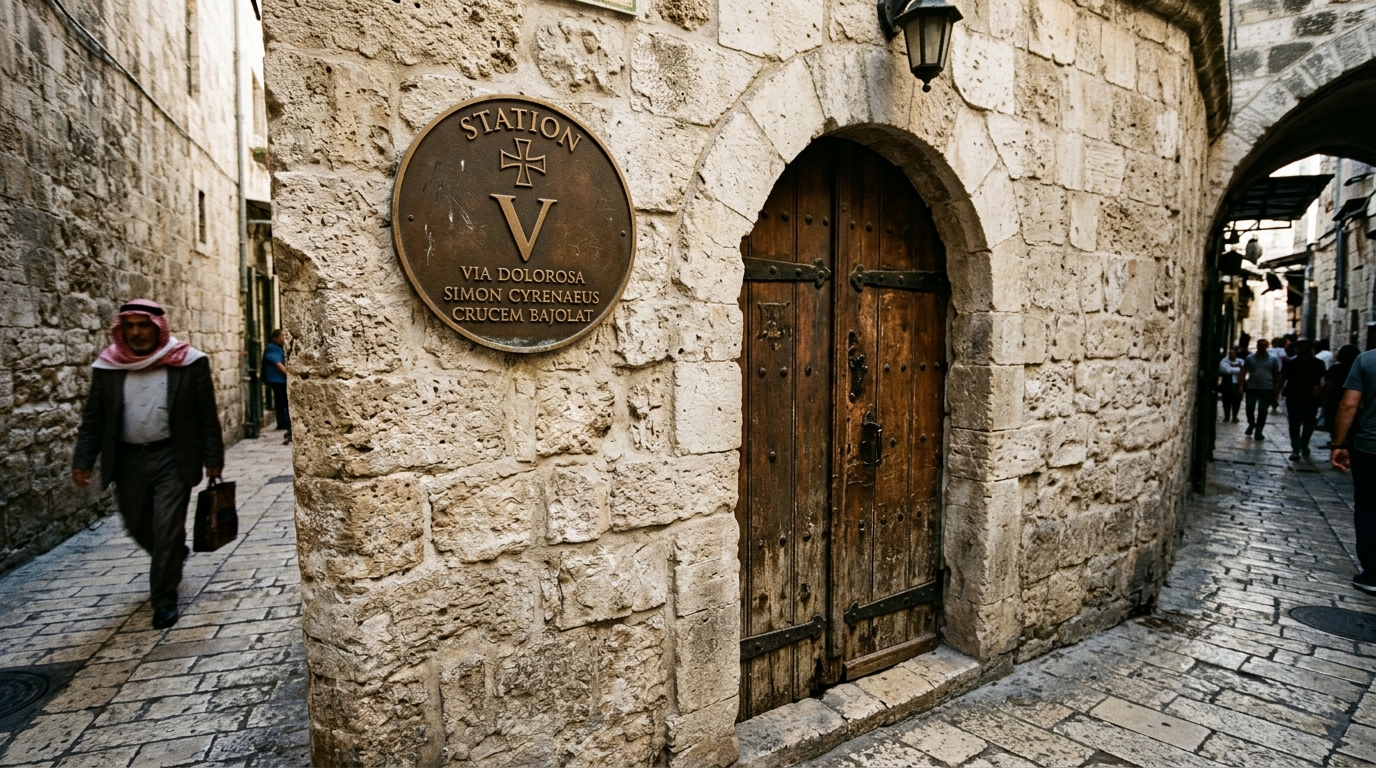 Detalle de la Quinta Estación del Vía Crucis en la Vía Dolorosa de Jerusalén