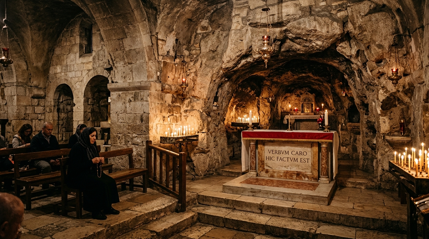 La Gruta de la Anunciación iluminada de forma tenue en la basílica inferior de Nazaret
