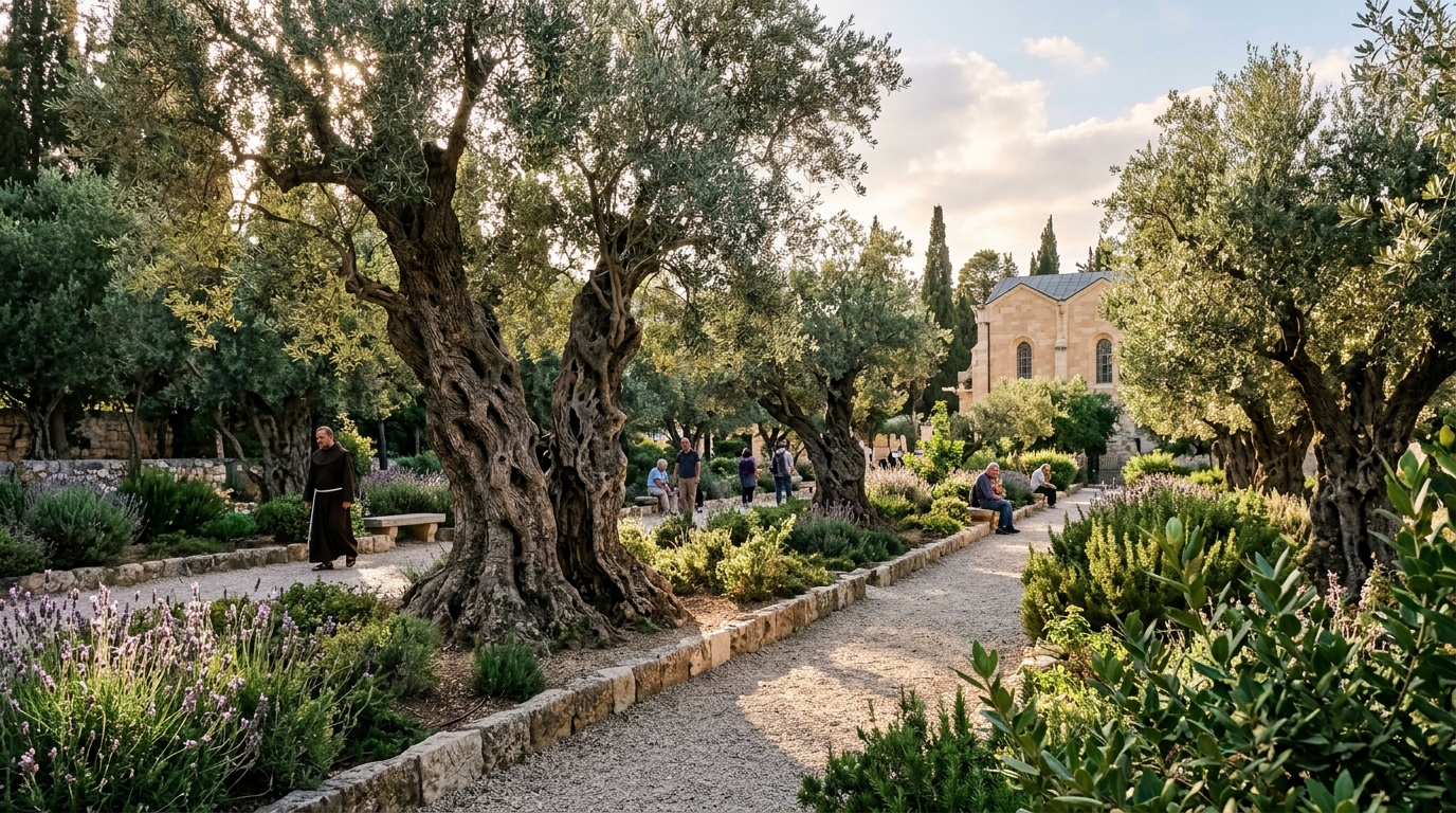 El Huerto de Getsemaní con sus olivos centenarios en Jerusalén