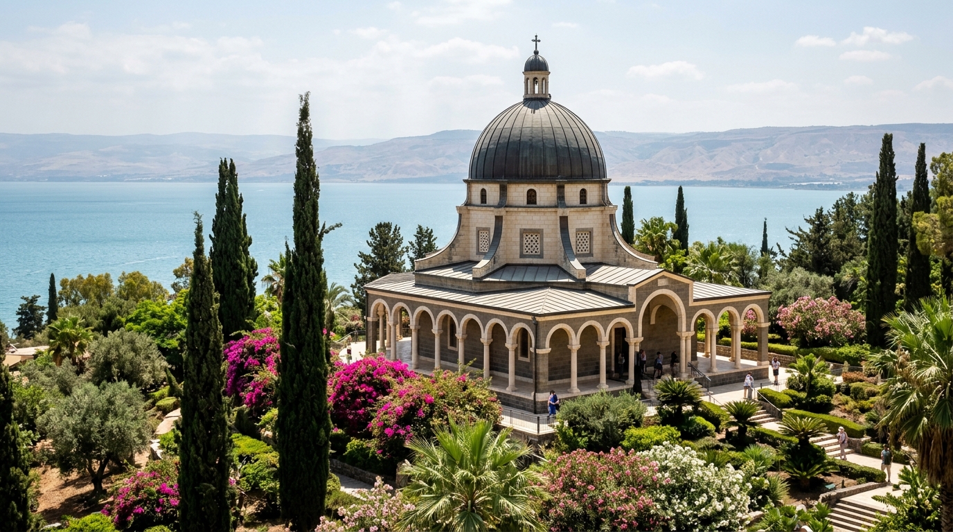 La Iglesia de las Bienaventuranzas rodeada de jardines y cipreses con el Mar de Galilea al fondo