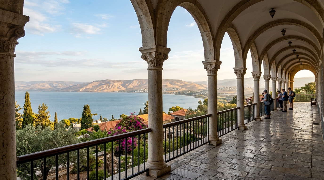 Vista panorámica del Mar de Galilea desde la columnata exterior del santuario