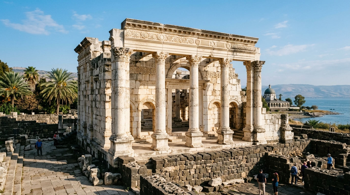 Ruinas de la Sinagoga Blanca de piedra caliza con capiteles corintios en Cafarnaúm