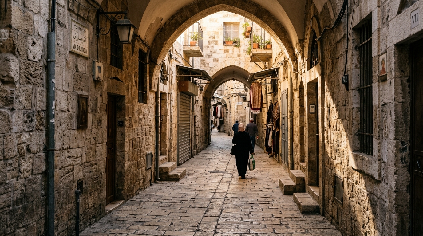 Callejón empedrado de la Vía Dolorosa con arcos de piedra en la Ciudad Vieja de Jerusalén